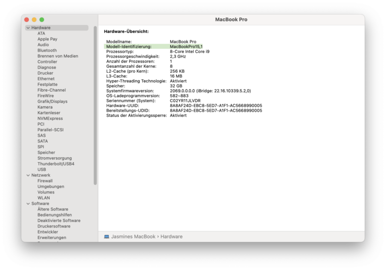 Systembericht mit der Modellkennung des Mac