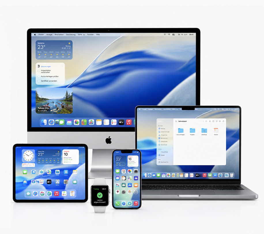 Mac, MacBook, iPad, iPhone und Apple Watch nebeneinander
