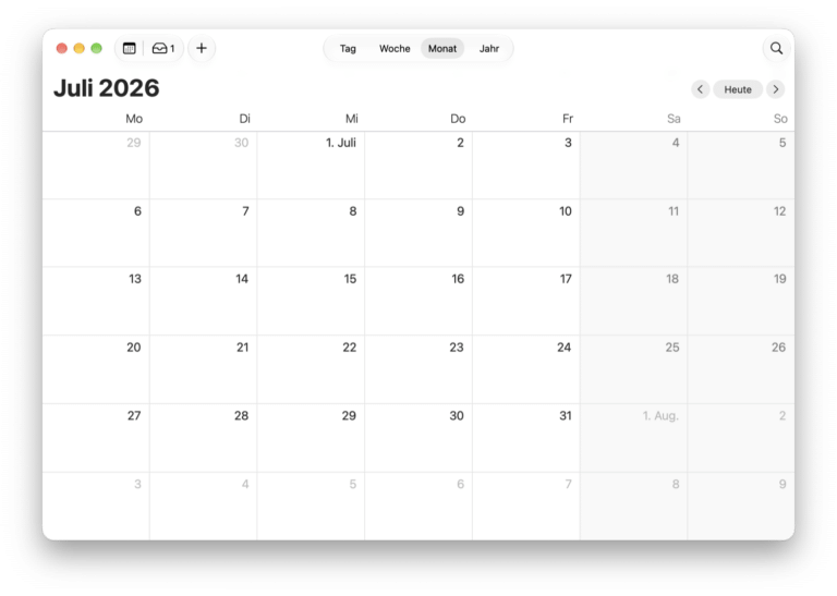 Apple Kalender am Mac in der Monatsansicht, noch ohne Kalenderwochen