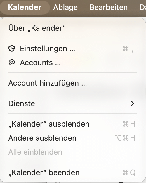 Menü Kalender mit dem Eintrag Einstellungen und dem Tastenkürzel Cmd Komma