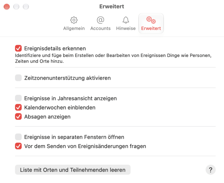 Kalender Einstellungen im Reiter Erweitert mit dem aktivierten Auswahlfeld Kalenderwochen einblenden
